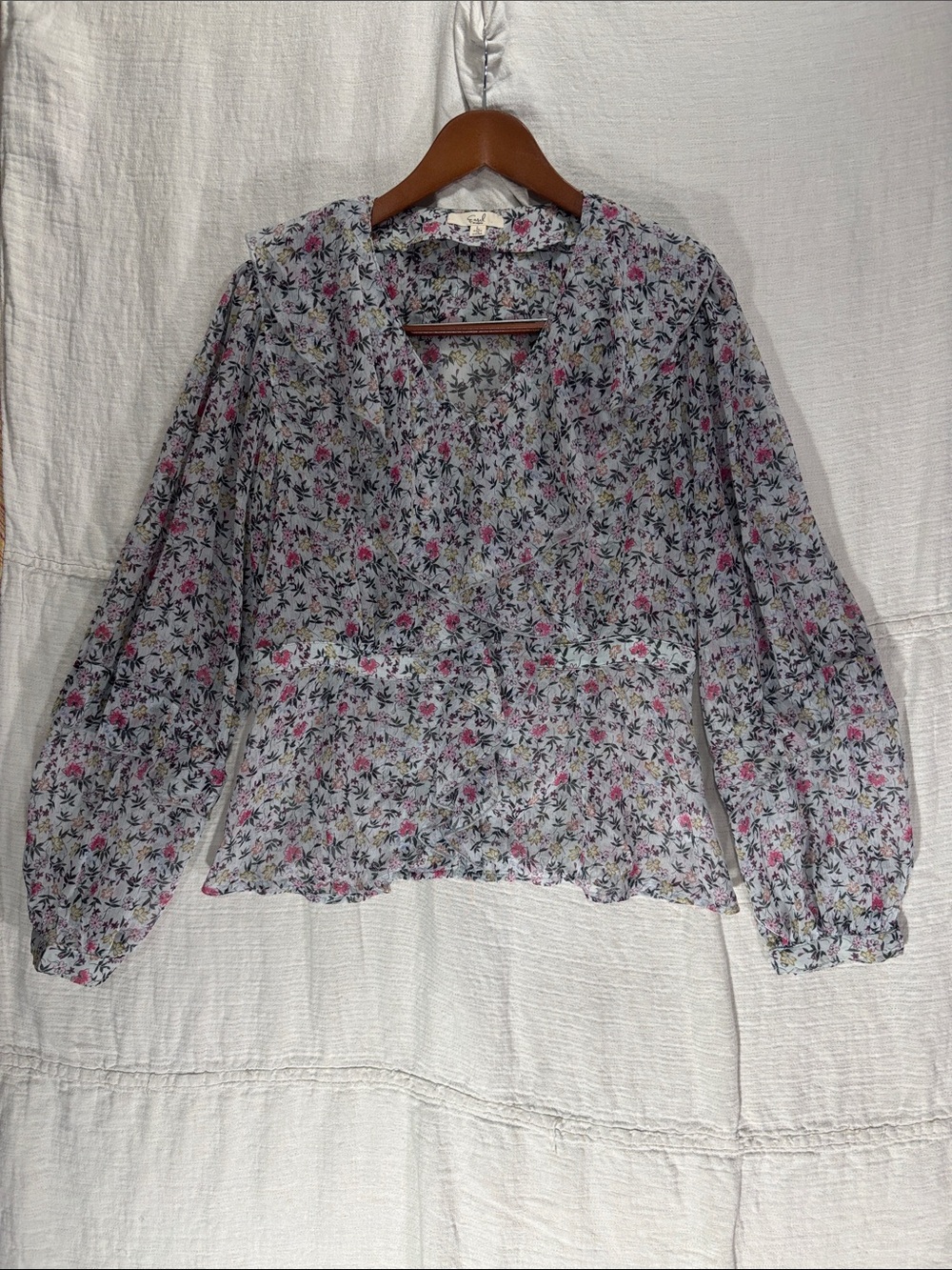 easel Floral Ruffle V-Neck Blouse Sheer Boho Romantic Cottagecore Large EUC